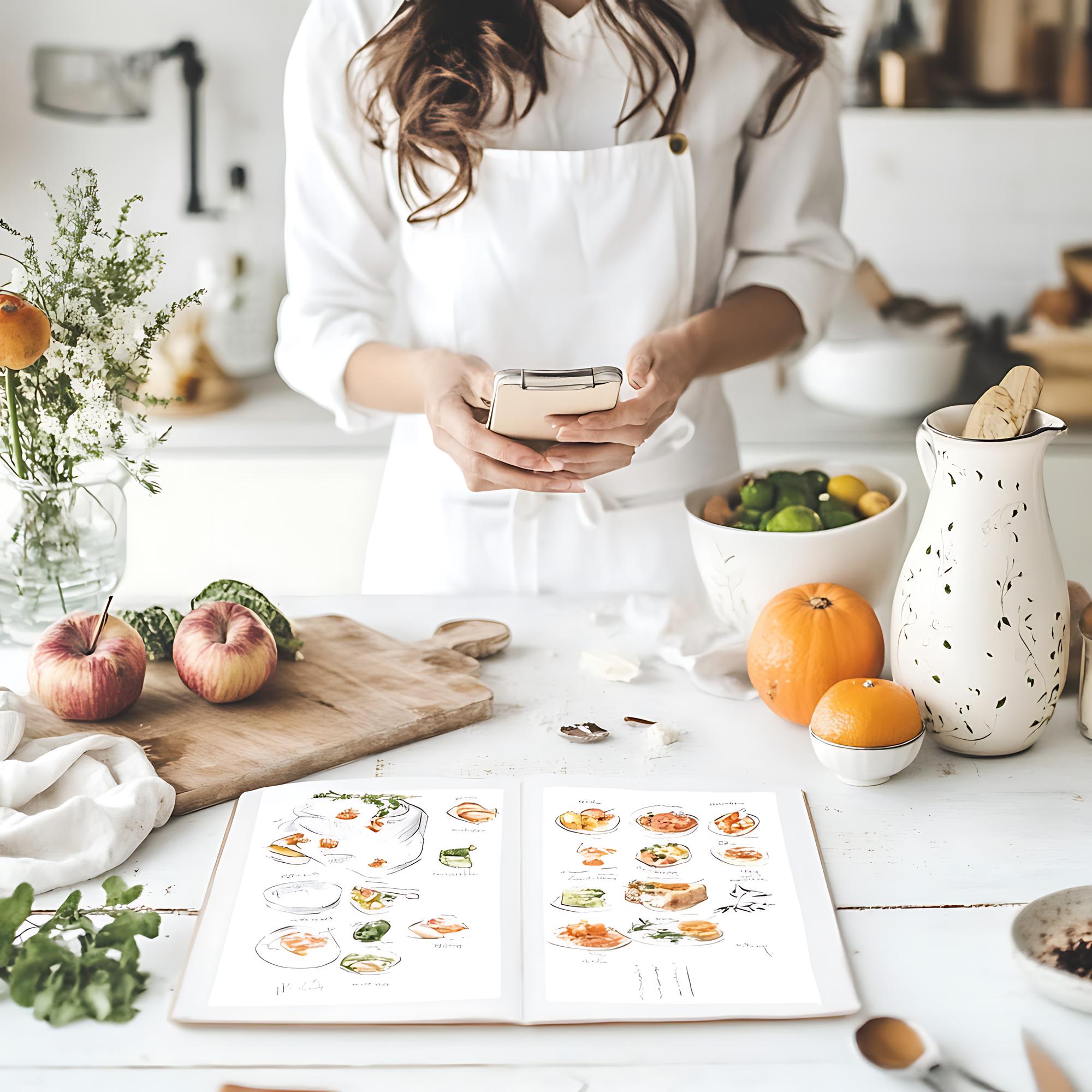 Tavolo con ingredienti freschi e schede di lezione